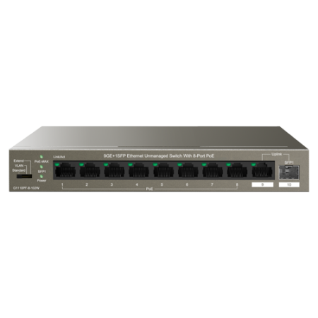 Switch 8 porturi Gigabit PoE, 1 x RJ45 Gigabit Uplink, 1 x SFP Gigabit Uplink - IP-COM G1110PF-8-102W IP-COM - 1