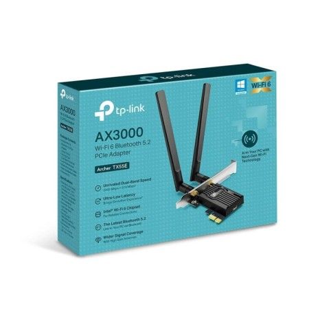 TP-Link Adaptor PCle Wi-Fi 6 AX3000 WI-FI 6 cu Bluetooth 5.2 ARCHER TX55E, 2× Antene Dual-Band High-Gain, Standarde wireless: IE