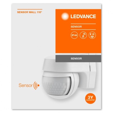 Senzor de lumina si miscare aplicabil pe perete Ledvance SENSOR WALL 110°, 230V, IP44, 60x72x77mm, reglabil 2s - 15min, Alb LEDV