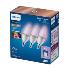 3 Becuri LED RGB inteligente Philips Candle C37, Wi-Fi, Bluetooth, E14 ,4.9W (40W), 470 lm, lumina alba si color (2200-6500K) PH