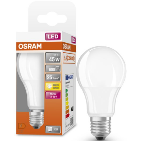 Bec LED Osram Classic A60, E27, 12-36V AC/DC, 6.5W (45W), 600 lm, lumina calda (2700K), nu functioneaza la 220-240V OSRAM - 1