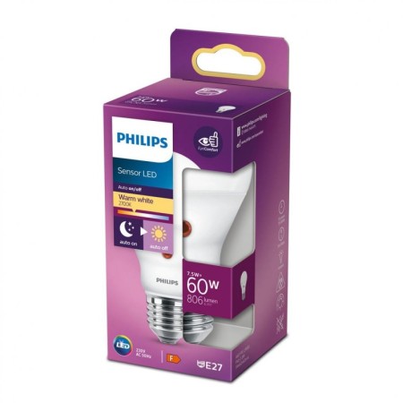 Bec LED cu senzor de lumina Philips A60, EyeComfort, E27, 7.5W (60W) ,806lm, lumina calda (2700K), mat PHILIPS - 1