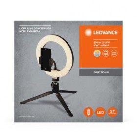 Lampa LED circulara portabila Ledvance Selfie RING, 5.5W, 250 lm, luminaalba (3000-6500K), dimabila, 1xCR2032, telecomanda, IP20