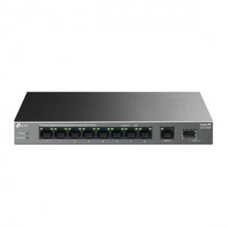 "10-Port Gigabit Desktop Switch with 8-Port PoE+ PORT: 8× Gigabit PoE+ Ports, 1x Gigabit Non-PoE Port, 1× Gigabit SFP Slot SPEC: