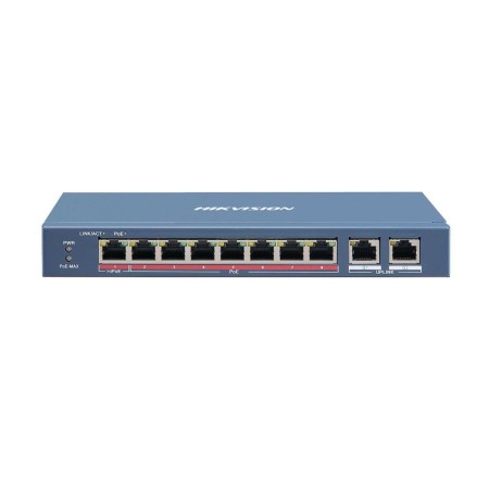 Switch 8 porturi PoE Hikvision DS-3E1310HP-EI prezinta 1 × 10/100 Mbps Hi-PoE port, 7 × 10/100 Mbps PoE ports, and 2 × 10/100/10