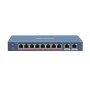 Switch 8 porturi PoE Hikvision DS-3E1310HP-EI prezinta 1 × 10/100 Mbps Hi-PoE port, 7 × 10/100 Mbps PoE ports, and 2 × 10/100/10