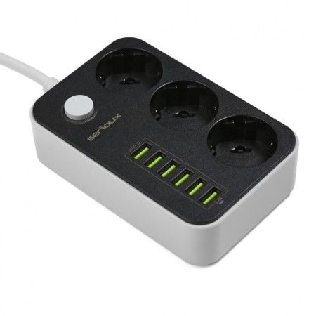 Prelungitor cu protectie Serioux, 3 prize schuko, input 100-240V, 50- 60Hz, output (Total): 2500W - 10A, 6 porturi USB, USB Outp