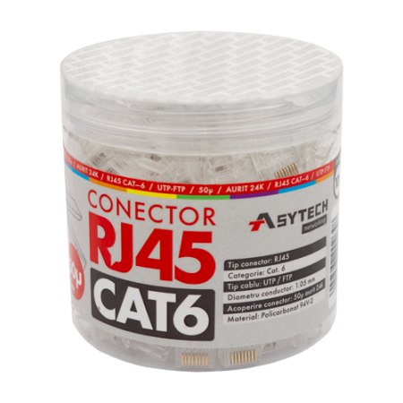 Mufa RJ-45 UTP Cat.6, 50Âµ (100 buc) RJ45-CAT6-50U-JAR ASYTECH Networking - 1