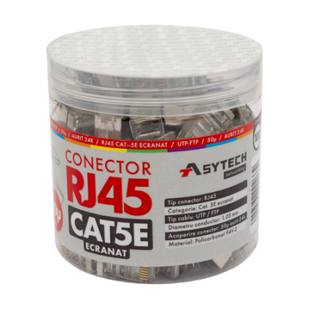 Mufa RJ-45 FTP Cat.5e, ecranata, 50Âµ (100 buc) RJ45M-CAT5E-50U-JAR ASYTECH Networking - 1