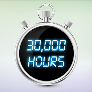a stopwatch with 30,000 hours written on it